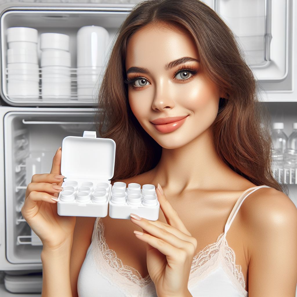 Woman holding contact lens cases in front of fridge