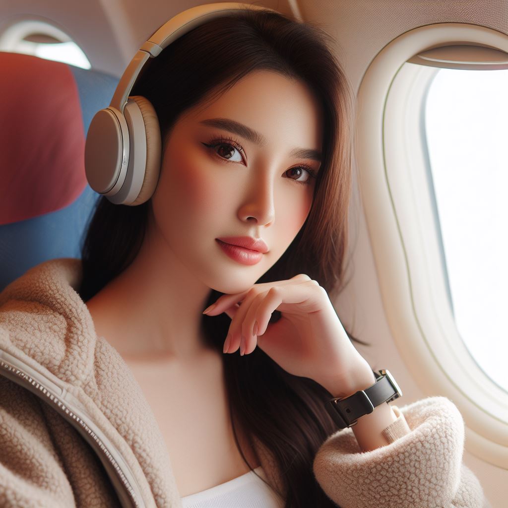 a girl is wearing contact lenses on the plane and listen to music